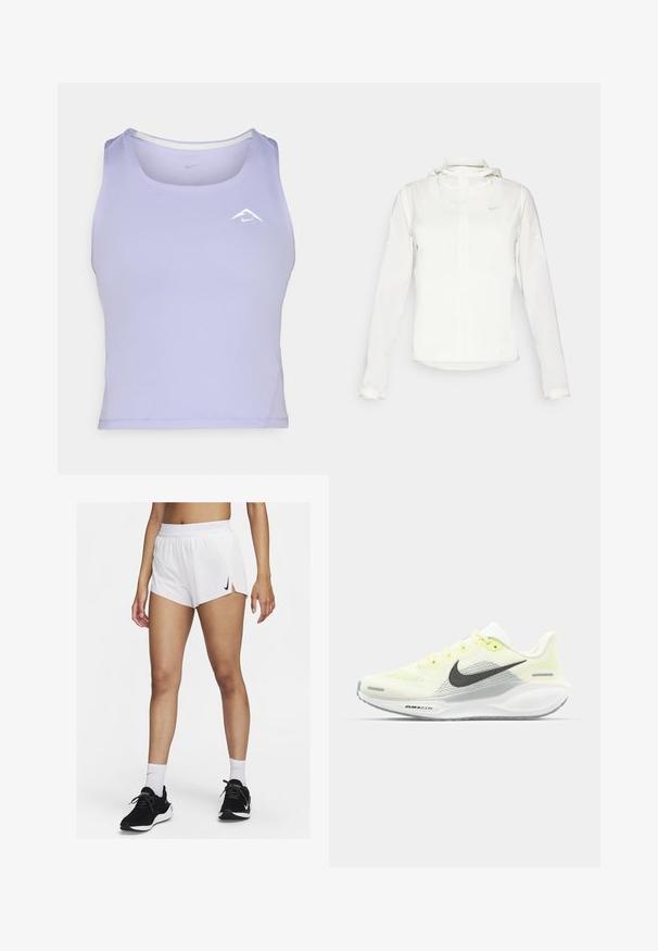 Giacca Nike bianca con cappuccio, zip completa, polsini elasticizzati e un logo discreto sul petto. Texture liscia e design leggero.; Top in tessuto traspirante di colore viola, con scollatura rotonda e cuciture laterali, decorato con un piccolo logo bianco.; Pantaloncini sportivi bianchi con vita a coste, spacchi laterali e logo Nike nero. Indossati con scarpe da ginnastica nere e calzini bianchi alti.; Scarpe da corsa Nike con una tomaia in rete giallo chiaro e bianco, dettagli grigi e una suola in gomma flessibile. Presentano una chiusura con lacci.