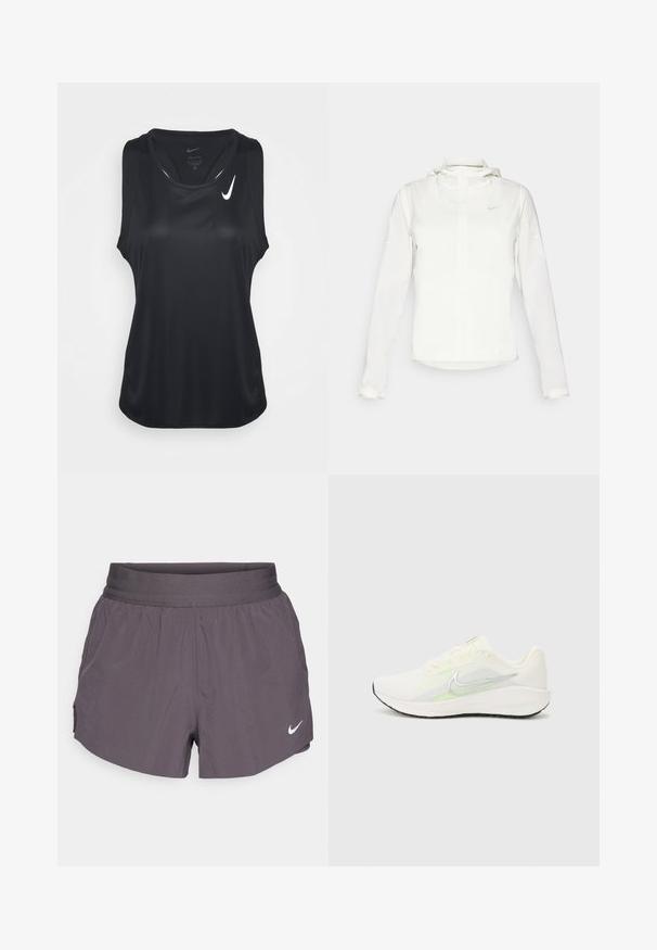 Balta Nike jaka ar kapuci, pilna rāvējslēdzēja, elastīgām piedurknēm un diskrētu logotipu uz krūšu daļas. Gluda tekstūra un viegla konstrukcija.; Melnā bezpiedurkņu sporta kreklā, kas izgatavots no gludas, mitrumizturīgas auduma. Iekļauj apaļu kakla izgriezumu un mazu baltu Nike logo uz krūtīm.; Nike skrējienu šorti tumši pelēkā krāsā, ar platu elastīgu jostu, vieglu audumu, sānu kabatām un diskretu balto logo.; Nike Performance DOWNSHIFTER 13 - Apavi skriešanai pa asfaltu - sail/silver-coloured photon dust/summit white/barely volt/black