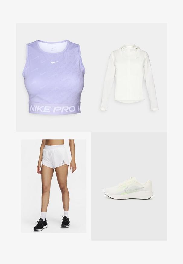Vit Nike-jacka med huva, hel dragkedja, elastiska ärmslutar och en diskret logotyp på bröstet. Slät textur och lätt design.; Nike Pro crop top i ljuslila, med vertikala ränder, en slät yta och en kontrasterande vit logotyp och band med text.; Vita sportshorts med ribbad midjeresår, sidospjäll och en svart Nike-logotyp. Bärs med svarta sneakers och vita strumpor i crew-längd.; Nike Performance DOWNSHIFTER 13 - Väglöparskor - sail/silver-coloured photon dust/summit white/barely volt/black