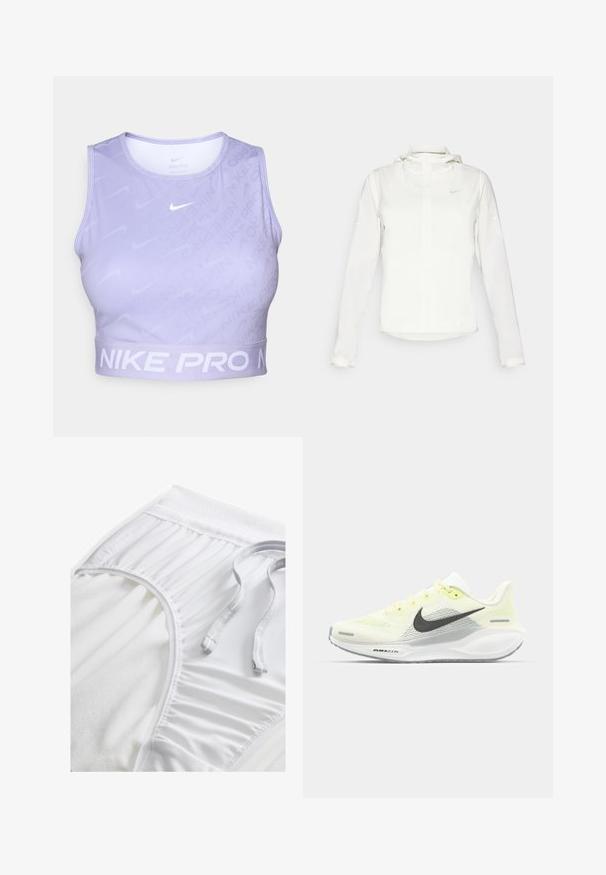 Biała kurtka Nike z kapturem, na zamek błyskawiczny, elastyczne mankiety i subtelne logo na piersi. Gładka tekstura i lekka konstrukcja.; Crop top Nike Pro w jasnofioletowym kolorze, z pionowymi pasami, gładką teksturą oraz kontrastowym białym logo i opaską z nadrukiem.; Białe sportowe szorty z teksturowanym pasem, detalami z boku i płaskim sznurkiem do regulacji. Miękka tkanina o gładkim wykończeniu.; Biegi Nike z lekką żółtą i białą siateczką cholewy, szarymi akcentami i elastyczną gumową podeszwą. Posiada klasyczne sznurowanie.