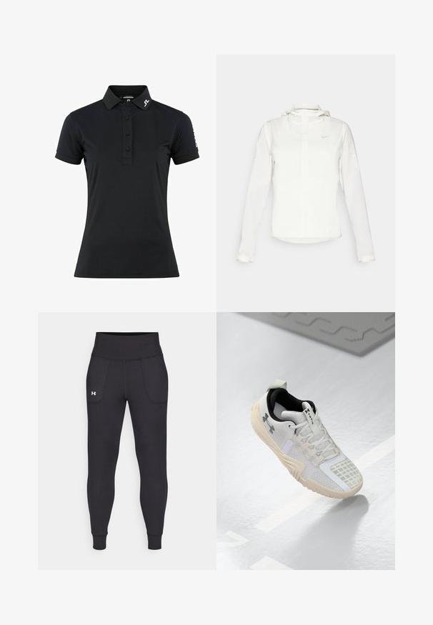 Casaco branco da Nike com capuz, fecho completo, punhos elásticos e um logótipo subtil no peito. Textura suave e design leve.; Polo preto feito de tecido suave, com gola, lista de três botões e mangas curtas. Detalhes do logótipo na gola e na manga.; Leggings atléticos pretos, feitos de material elástico, com uma cintura alta, bolsos laterais e punhos ajustados no tornozelo.; Shoe atlético branco com um upper de malha texturizada, interior preto e sola de borracha bege com um padrão de aderência. Acentuado por detalhes subtis.