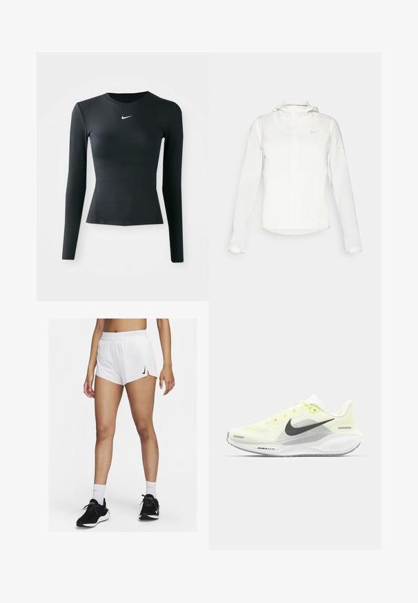 Weiße Nike-Jacke mit Kapuze, durchgehendem Reißverschluss, elastischen Bündchen und einem dezenten Logo auf der Brust. Glatte Textur und leichtes Design.; Schwarzes, enganliegendes Langarmoberteil aus glattem, elastischem Stoff. Verfügt über einen Rundhalsausschnitt und ein kleines weißes Nike-Logo auf der Brust.; Weiße sportliche Shorts mit einem gerippten Bündchen, seitlichen Schlitzen und einem schwarzen Nike-Logo. Kombiniert mit schwarzen Turnschuhen und weißen Sportsocken.; Nike Laufschuhe mit einem hellgelben und weißen Mesh-Obermaterial, grauen Akzenten und einer flexiblen Gummisohle. Verfügt über einen Schnürverschluss.