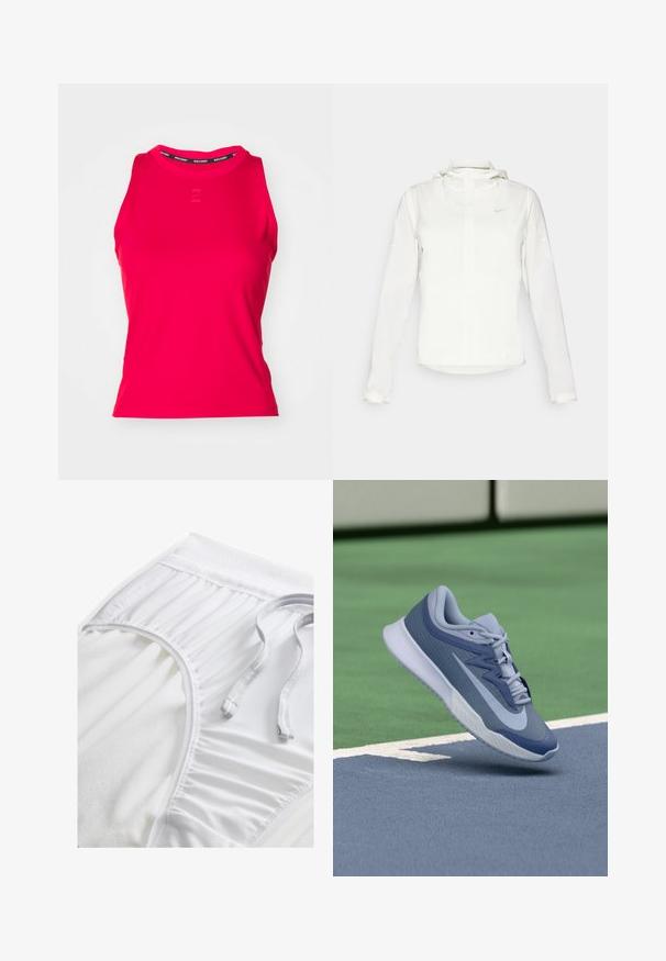 Balta Nike jaka ar kapuci, pilna rāvējslēdzēja, elastīgām piedurknēm un diskrētu logotipu uz krūšu daļas. Gluda tekstūra un viegla konstrukcija.; Sarkana sporta blūze ar ribotu tekstūru, noapaļotu kakla izgriezumu un diskrētu logotipu priekšpusē. Iekšpusē ir melna apģērba zīmola etiķete.; Balti sporta šorti ar teksturētu jostasvietu, salocītu sānu detaļām un izlīdzenu auklu. Mīksts audums ar gludu apdari.; Sporta apavi gaiši zilā un tumši zilā krāsā, ar strukturētu augšējo daļu, plakanu šņoru un vieglu balto zoli. Novietoti virs laukuma virsmas.