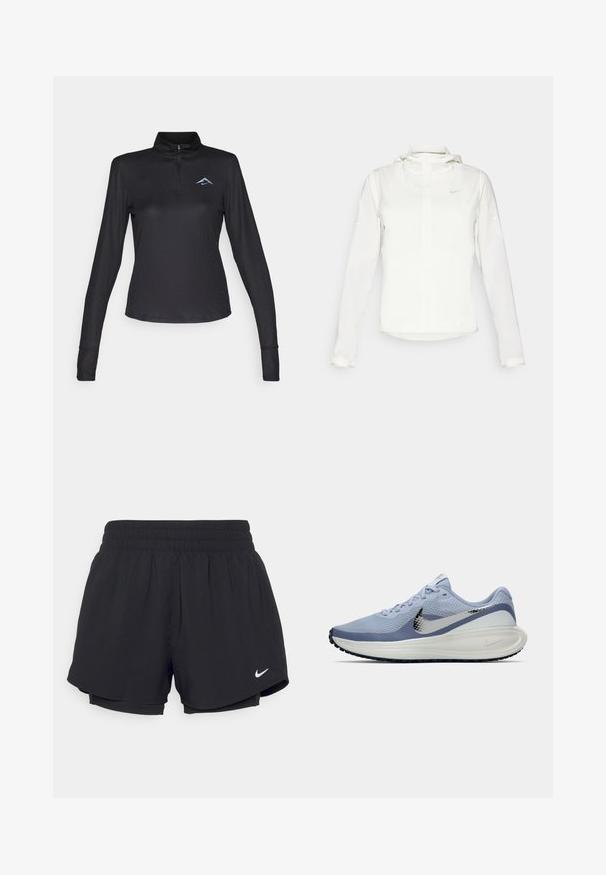 Jachetă albă Nike cu glugă, fermoar pe toată lungimea, manșete elastice și un logo subtil pe piept. Textură netedă și design ușor.; Pulover negru cu mânecă lungă, guler înalt, fermoar la 1/4 și logo subtil de culoare albastru deschis pe piept. Fabricat dintr-un material texturat și respirabil.; Shorts atletici negri cu un talie elastică strânsă, căptușeală interioară și logo-ul alb Nike în partea stângă jos. Material neted și ușor.; Adidași de alergare Nike în nuanțe de albastru deschis și alb, cu swoosh argintiu, suprafață din plasă respirabilă, talpă căptușită și tread negru pe talpă.
