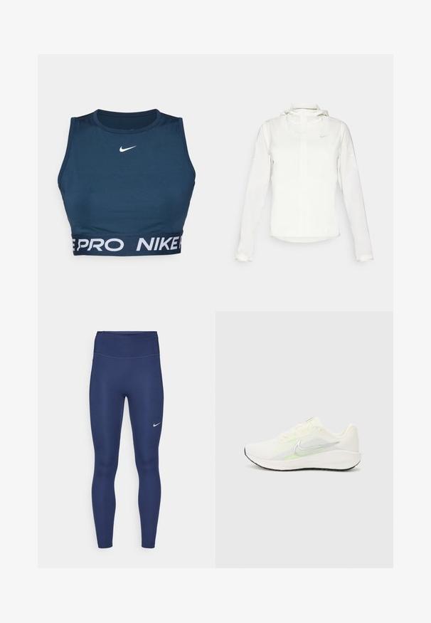 Casaco branco da Nike com capuz, fecho completo, punhos elásticos e um logótipo subtil no peito. Textura suave e design leve.; Sutiã desportivo azul marinho feito de tecido elástico. Apresenta um decote redondo e uma faixa de logo "NIKE PRO" branca em contraste na parte inferior. Textura suave.; Leggings azul marinho com uma cintura alta, feitas de tecido elástico. Apresentam costuras subtis e um pequeno logo branco da Nike na coxa esquerda.; Nike Performance DOWNSHIFTER 13 - Sapatos para corrida em estrada - sail/silver-coloured photon dust/summit white/barely volt/black