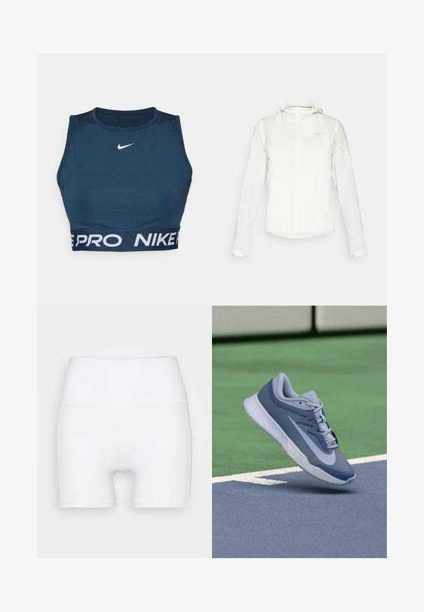 Balta Nike striukė su gobtuvu, pilnu užtrauktuku, elastingomis rankovėmis ir subtiliu logotipu ant krūtinės. Sklandi tekstūra ir lengvas dizainas.; Jūrinis sportinis liemenukas, pagamintas iš elastingos medžiagos. Yra apvalus kaklas ir kontrastinga balta "NIKE PRO" logotipo juosta apačioje. Lygi tekstūra.; Balti aukšto juosmens šortai, pagaminti iš elastingos medžiagos. Yra lygus paviršius ir prigludęs siluetas, be papildomų raštų ar detalių.; Sportiniai batai šviesiai mėlynos ir tamsiai mėlynos spalvos, su tekstūruota viršutine dalimi, plokščiomis raišteliais ir lengva balta padu. Pakelti virš aikštelės paviršiaus.