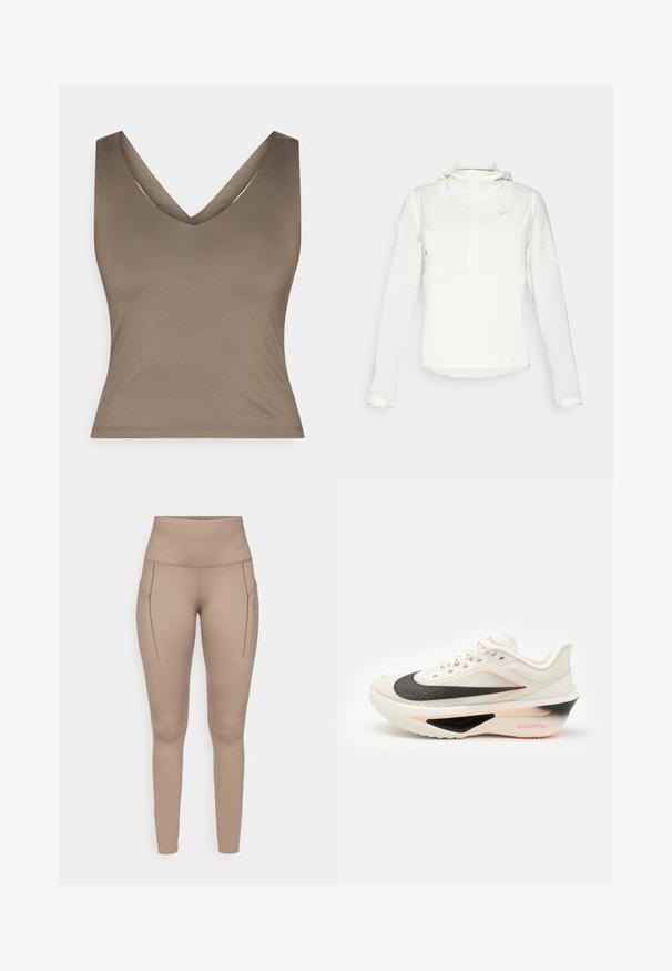 Valge Nike jakker, millel on kapuuts, täispikk tõmblukk, elastsed mansetid ja diskreetne logo rinnal. Sile tekstuur ja kerge disain.; Pruun, käisevaba topp sügava V-kaelusega disainiga, valmistatud siledast kangast. Omab istuvat siluetti ja puhtaid, minimistlikke õmblusi.; Beige sportlikud legginsid kõrge vöökohaga, millel on kaks külgtaskut ja sile, veniv kangas. Diskreetne hall logo detail.; Valge spordijalgpall, millel on must ja roosa vaheosa, tekstureeritud pealmine osa ning silmatorkav Nike swoosh, sisaldades paelu ja polsterdatud kaelaosa.