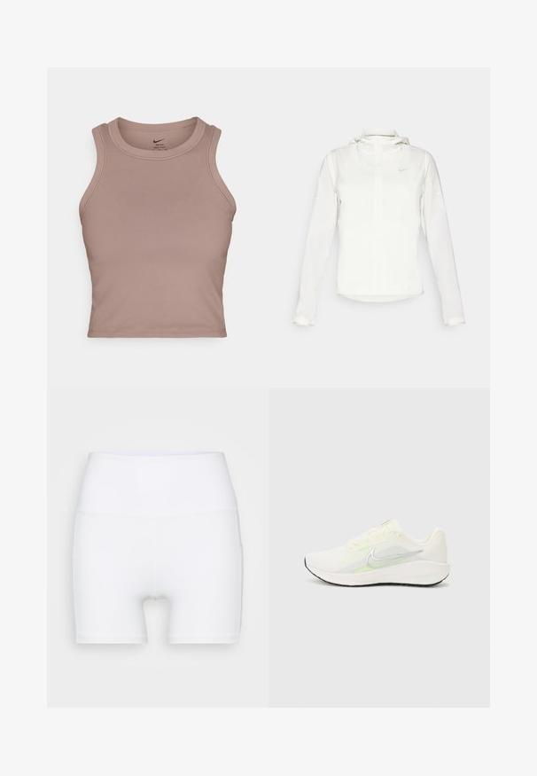 Jachetă albă Nike cu glugă, fermoar pe toată lungimea, manșete elastice și un logo subtil pe piept. Textură netedă și design ușor.; Top sportiv de culoare maronie deschis, cu decolteu rotund, fără mâneci și textură netedă. Are cusături minime și o formă ajustată.; Șorturi albe cu talie înaltă, fabricate dintr-un material elastic. Au o textură netedă și un design ajustat, fără modele sau accesorii suplimentare.; Nike Performance DOWNSHIFTER 13 - Pantofi de alergare pe asfalt - sail/silver-coloured photon dust/summit white/barely volt/black
