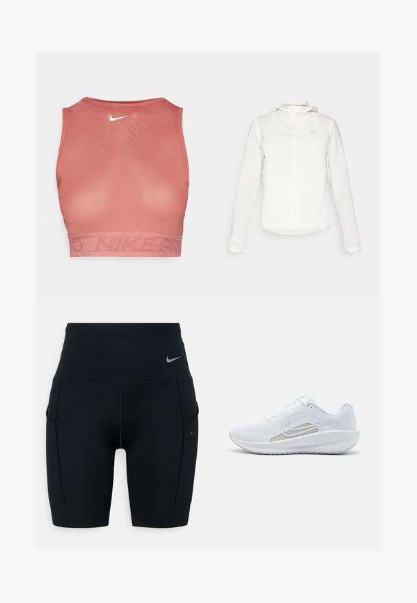Casaco branco da Nike com capuz, fecho completo, punhos elásticos e um logótipo subtil no peito. Textura suave e design leve.; Sutiã desportivo da Nike numa cor rosa suave. Tecido macio e elástico com gola redonda e uma faixa texturizada com "NIKE PRO" numa tonalidade correspondente.; Calças curtas atléticas altas pretas feitas de material elástico; apresentam bolsos laterais e um pequeno logótipo da Nike na cintura.; Sapatilha atlética branca com parte superior em rede, bico arredondado e sola texturizada. Apresenta o símbolo Nike em prata e um design minimalista.