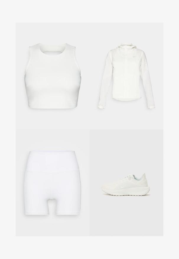 Witte Nike-jack met een capuchon, volledige rits, elastische manchetten en een subtiele logo op de borst. Gladde textuur en lichtgewicht ontwerp.; Witte mouwloze crop top van gladde stof, met een ronde halslijn en een open rugontwerp, voorzien van nette stiksels langs de randen.; Witte hoge taille shorts van rekbare stof. Kenmerken een gladde textuur en een aansluitend ontwerp, zonder extra patronen of hardware.; Witte sportschoenen met een gestructureerde bovenkant, gevoerde kraag en vetersluiting. Voorzien van een gebogen buitenzool en subtiele branding aan de zijkant.