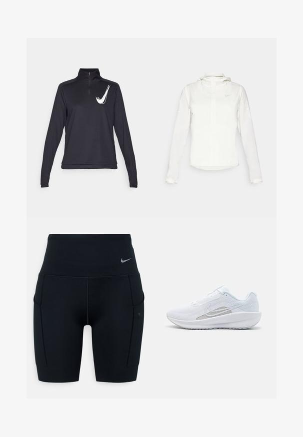 Valge Nike jakker, millel on kapuuts, täispikk tõmblukk, elastsed mansetid ja diskreetne logo rinnal. Sile tekstuur ja kerge disain.; Must have pikka kudumisega must pusa, millel on veerandi tõmblukk ja valge logo aktsent. Valmistatud siledast, venivast kangast, mis on lõdva lõike ja tasaste õmblustega.; Mustad kõrge vöökohaga sportlikud lühikesed püksid, valmistatud venivast materjalist; külgedel on taskud ja vööl väike Nike logo.; Valge sportlik king, millel on võrgusilmast ülemine osa, ümar varvas ja tekstureeritud tallad. Omab hõbedast Nike logo ja minimalistikku disaini.