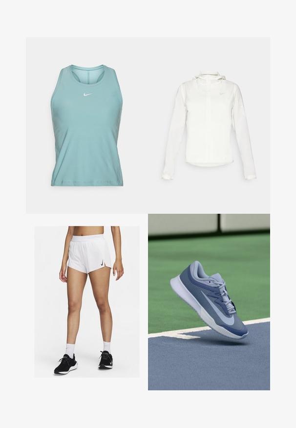 Bela Nike jakna s kapuco, polno zadrgo, elastičnimi manšetami in diskretnim logotipom na prsih. Gladka tekstura in lahko oblikovanje.; Svetlo teal športna majica brez rokavov z okroglo odprtino pri vratu. Ima majhen bel logotip na prsih in stranske šive za eleganten fit.; Beli atletski šort z rebrastim pasom, stranskimi zarezi in črnim logotipom Nike. Nošen s črnimi supergami in belimi nogavicami do gležnja.; Športni copat v svetlo modri in mornarski barvi, z teksturirano zgornjim delom, ravnimi vezalkami in lahko belo podplatom. Dvigovan nad igrališčem.