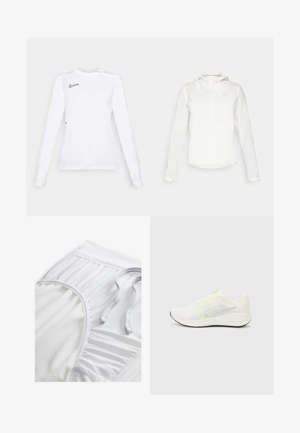 Fehér Nike dzseki kapucnival, teljes cipzárral, rugalmas mandzsettákkal és egy diszkrét logóval a mellkason. Sima textúrájú és könnyű kialakítású.; Hosszú ujjú fehér sportpóló lélegző anyagból, a bal felső részen fekete Nike swoosh logóval. Sima tapintású, testhezálló kialakítás.; Fehér sportnadrág texturált derékpánttal, ráncolt oldali részletekkel és lapos húzózsinórral. Puha anyag sima felülettel.; Nike Performance DOWNSHIFTER 13 - Utcai futócipők - sail/silver-coloured photon dust/summit white/barely volt/black