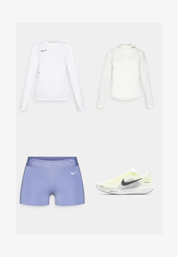 Witte Nike-jack met een capuchon, volledige rits, elastische manchetten en een subtiele logo op de borst. Gladde textuur en lichtgewicht ontwerp.; Langsleeve wit sportshirt gemaakt van ademende stof, met een zwart Nike swoosh-logo op de bovenste links. Gladde textuur, aansluitend ontwerp.; Nike Pro compressie shorts in lichtpaars, met een brede tailleband met "NIKE PRO" tekst, een gladde textuur en een patroonaccent aan de zijkant.; Nike hardloopschoenen met een lichtgele en witte mesh bovenkant, grijze accenten en een flexibele rubberen zool. Voorzien van een vetersluiting.