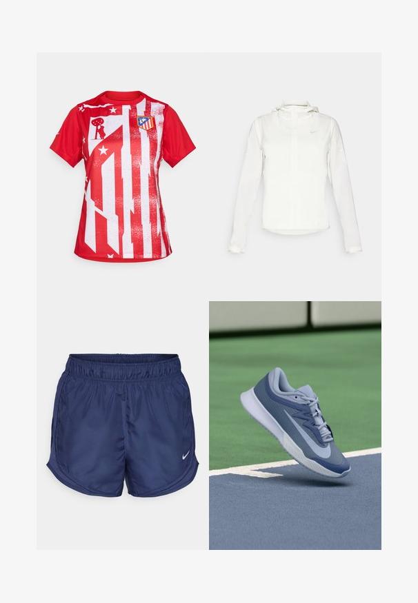 Balta Nike striukė su gobtuvu, pilnu užtrauktuku, elastingomis rankovėmis ir subtiliu logotipu ant krūtinės. Sklandi tekstūra ir lengvas dizainas.; Raudona trumpo rankovių maikutė, su baltais dryžiais ir žvaigždėmis, klubo emblema kairėje krūtinės pusėje, pagaminta iš lengvos medžiagos.; Jūriniai sportiniai šortai su elastinga juosmeniu ir šoninėmis tinklinėmis panelėmis. Apatinėje kairėje pusėje yra mažas baltas Nike logotipas.; Sportiniai batai šviesiai mėlynos ir tamsiai mėlynos spalvos, su tekstūruota viršutine dalimi, plokščiomis raišteliais ir lengva balta padu. Pakelti virš aikštelės paviršiaus.