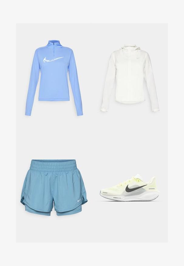 Giacca Nike bianca con cappuccio, zip completa, polsini elasticizzati e un logo discreto sul petto. Texture liscia e design leggero.; Nike Performance Maglietta a manica lunga - royal pulse/vintage green; Pantaloni sportivi azzurri chiari con una ampia cintura elastica, fodera interna e spacchetti laterali per facilitare i movimenti. Presenta un piccolo logo bianco.; Scarpe da corsa Nike con una tomaia in rete giallo chiaro e bianco, dettagli grigi e una suola in gomma flessibile. Presentano una chiusura con lacci.