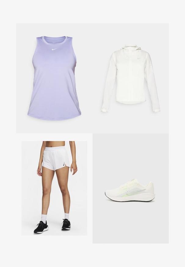 Chaqueta blanca de Nike con capucha, cremallera completa, puños elásticos y un logo sutil en el pecho. Textura suave y diseño ligero.; Top sin mangas de Nike de color morado claro con escote en forma de barco, diseño sin mangas y pequeño logo blanco en la parte superior del pecho. Tejido suave y que absorbe la humedad.; Pantalones cortos deportivos blancos con cinturilla acanalada, aberturas laterales y un logo negro de Nike. Se llevan con zapatillas negras y calcetines blancos hasta la mitad de la pantorrilla.; Nike Performance DOWNSHIFTER 13 - Zapatillas running asfalto - sail/silver-coloured photon dust/summit white/barely volt/black