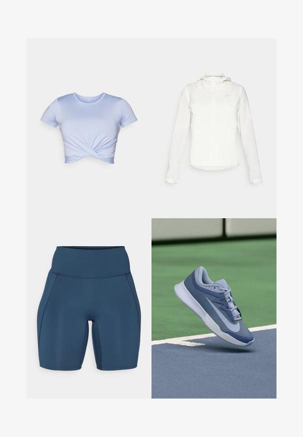 White Nike jacket with a hood, full zip, elastic cuffs, and a subtle logo on the chest. Smooth texture and lightweight design.; Light blue cropped t-shirt made of smooth fabric, featuring a twist detail at the front, short sleeves, and a round neckline.; Dark blue workout shorts with a high waistband, smooth texture, and flat seams. Features a fitted design that extends mid-thigh.; Sport sneaker in light blue and navy, featuring a textured upper, flat laces, and a lightweight white sole. Elevated above a court surface.
