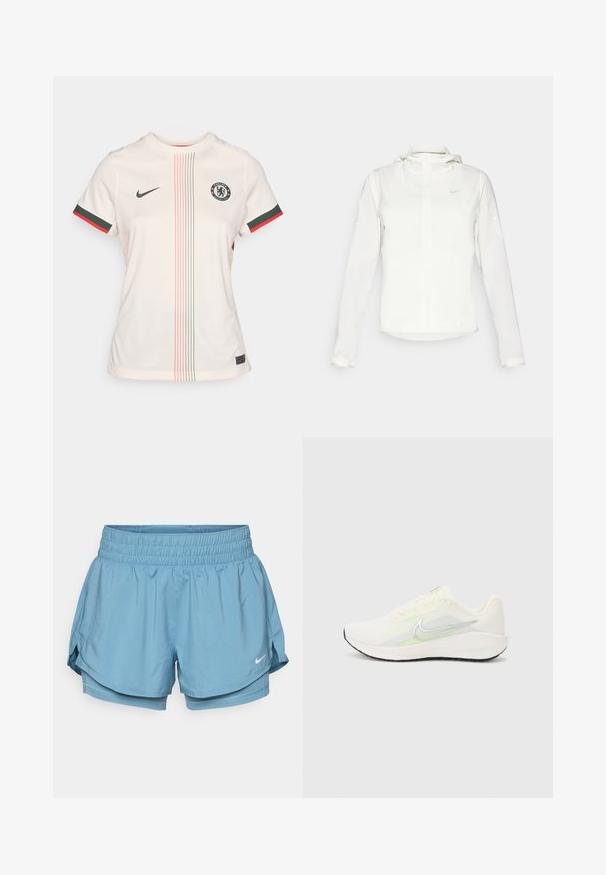 Veste blanche Nike avec capuche, fermeture éclair intégrale, poignets élastiques et un logo discret sur la poitrine. Texture lisse et design léger.; Maillot de foot crème clair avec col rond, manches courtes, logo de Chelsea FC, accents de couleur verte et rouge, et détails à motifs verticaux.; Shorts de sport bleu clair avec une large ceinture élastique, doublure intérieure et fentes sur les côtés pour faciliter le mouvement. Présente un petit logo blanc.; Nike Performance DOWNSHIFTER 13 - Chaussures de running sur route - sail/silver-coloured photon dust/summit white/barely volt/black