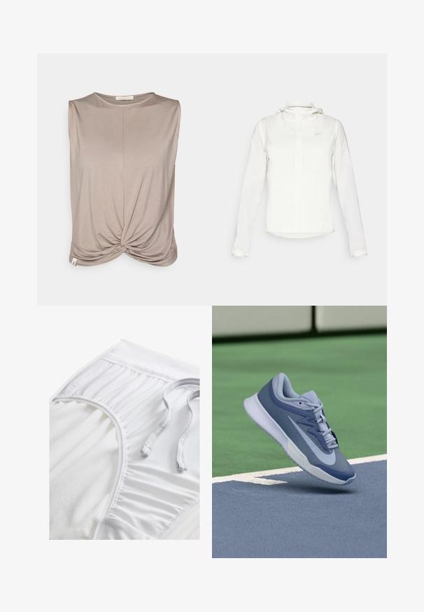 Balta Nike striukė su gobtuvu, pilnu užtrauktuku, elastingomis rankovėmis ir subtiliu logotipu ant krūtinės. Sklandi tekstūra ir lengvas dizainas.; Yogasearcher TWISTED - Viršus - cacao; Balti sportiniai šortai su tekstūruotu juosmeniu, raukšlėmis šoninėse detalėse ir plokščiu raišteliu. Minkšta medžiaga su lygia apdaila.; Sportiniai batai šviesiai mėlynos ir tamsiai mėlynos spalvos, su tekstūruota viršutine dalimi, plokščiomis raišteliais ir lengva balta padu. Pakelti virš aikštelės paviršiaus.