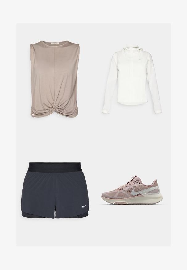 Bílá bunda Nike s kapucí, plným zipem, elastickými manžetami a decentním logem na hrudi. Hladká textura a lehký design.; Yogasearcher TWISTED - Top - cacao; Černé sportovní kraťasy s elastickým pasem, které mají vrstvený design a malé bílé logo Nike na dolním levém rohu. Lehce materiál.; Běžecká obuv Nike s síťovaným svrškem v světle růžové a šedé barvě, s polstrovanou podrážkou a zaobleným designem špičky. Akcentované logo swoosh.
