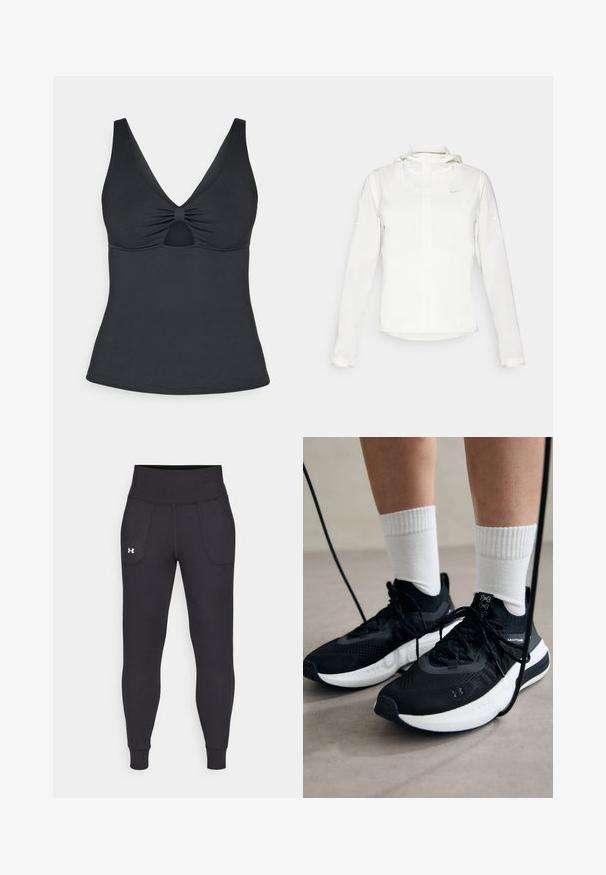 Hvit Nike-jakke med hette, hel glidelås, elastiske mansjetter og en diskret logo på brystet. Glatt tekstur og lett design.; Svart tanktop med dyp V-hals, samlet detalj i midten, og et nøkkelhullsutsnitt under. Glatt tekstur og tettsittende design.; Svarte sportsleggings laget av elastisk materiale, med høy midje, sidelommer og tettsittende mansjetter ved ankelen.; Svarte treningssko med teksturert stoff, hvit såle og svarte snøringer. Brukt med hvite ribbestrikkede sokker, stående på en lys overflate.