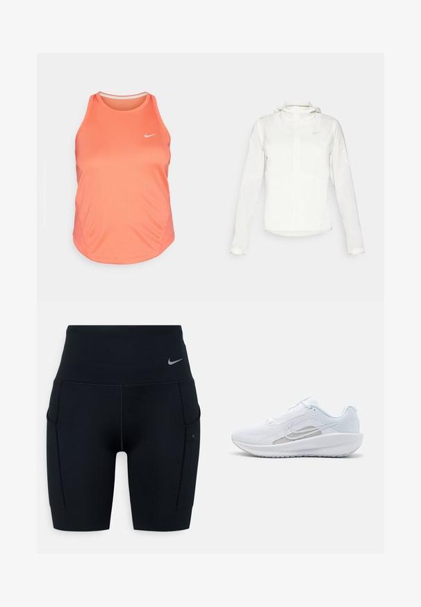 Jachetă albă Nike cu glugă, fermoar pe toată lungimea, manșete elastice și un logo subtil pe piept. Textură netedă și design ușor.; Top din bumbac Nike de culoare corai strălucitor, cu un decolteu înalt, design fără mâneci și accente subtile pe cusăturile laterale. Logo imprimat pe piept.; Pantaloni scurți sport negri, cu talie înaltă, din material elastic; au buzunare laterale și un mic logo Nike pe talie.; Pantof de atletism alb cu plasă superioară, vârf rotunjit și talpă texturată. Prezentă un logo Nike argintiu și un design minimalist.