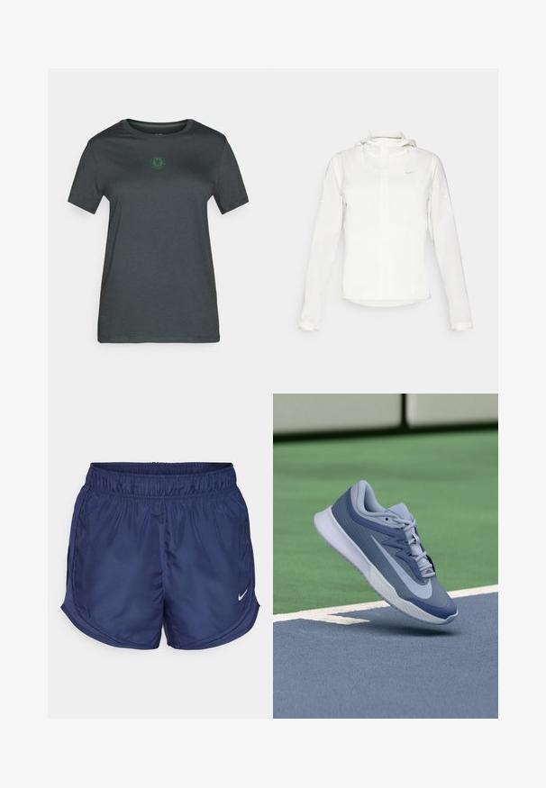 Balta Nike jaka ar kapuci, pilna rāvējslēdzēja, elastīgām piedurknēm un diskrētu logotipu uz krūšu daļas. Gluda tekstūra un viegla konstrukcija.; Tumši pelēks īsām piedurknēm T-krekls, izgatavots no mīksta auduma, ar zaļu logo centrā, ar apaļu kakla izgriezumu un taisnu apakšmalu.; Zilā jūras sporta šorti ar elastīgu jostasvietu un sānu acs paneļiem. Satur mazu baltu Nike logotipu apakšējā kreisajā pusē.; Sporta apavi gaiši zilā un tumši zilā krāsā, ar strukturētu augšējo daļu, plakanu šņoru un vieglu balto zoli. Novietoti virs laukuma virsmas.