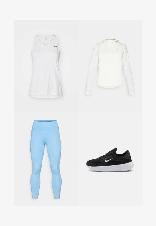 Hvit Nike-jakke med hette, hel glidelås, elastiske mansjetter og en diskret logo på brystet. Glatt tekstur og lett design.; Hvit sports tank topp laget av pustende mesh-stoff. Har rund hals og racerback-design. Inkluderer en liten svart logo på brystet.; Lys blå leggings laget av elastisk stoff. Har høy midje, jevn tekstur og buede sømmer langs beina.; Svart atletisk sko med mesh-overdel, teksturert design, rund tå, hvit gummisåle og et Nike-logo på siden.
