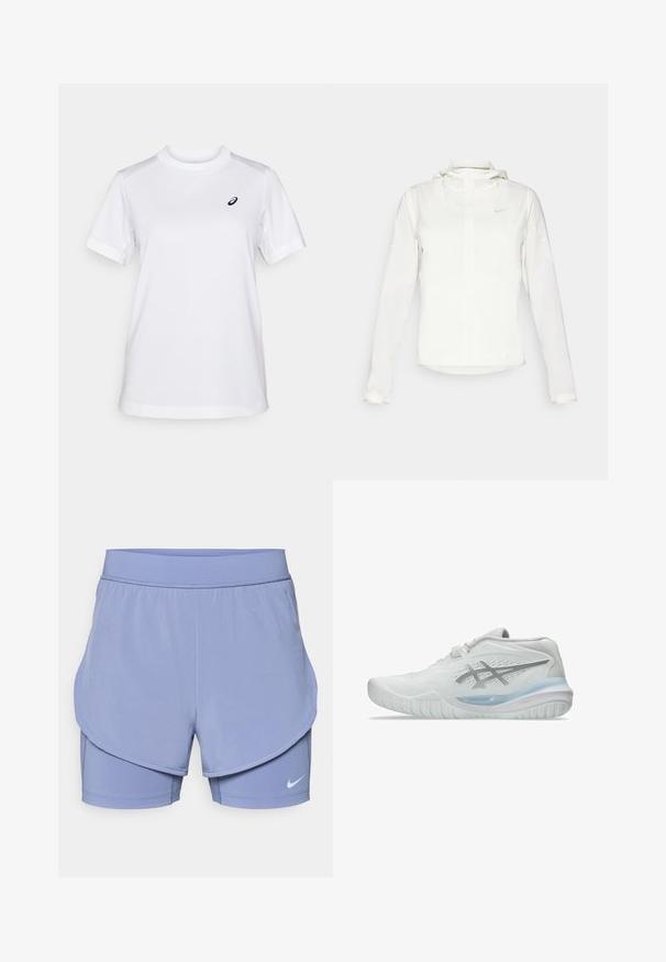 Jachetă albă Nike cu glugă, fermoar pe toată lungimea, manșete elastice și un logo subtil pe piept. Textură netedă și design ușor.; ASICS COURT TOP - Bluză sport - brilliant white; Shorts Nike de culoare violet deschis, cu un design stratificat, având un căptușel interior ajustat și un fit exterior lejer. Talie elastică pentru confort.; Pantofi sport albi cu un superior texturat, având o talpă albastră translucidă și o marcaj gri subtil pe lateral. Vârf rotunjit și profil jos.