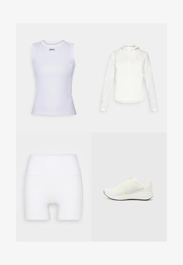 White Nike jacket with a hood, full zip, elastic cuffs, and a subtle logo on the chest. Smooth texture and lightweight design.; White sleeveless athletic shirt made of textured mesh material. Features a round neckline and a small logo on the front.; White high-waisted shorts made from stretch fabric. Features a smooth texture and fitted design, with no additional patterns or hardware.; Nike Performance DOWNSHIFTER 13 - Road running shoes - sail/silver-coloured photon dust/summit white/barely volt/black