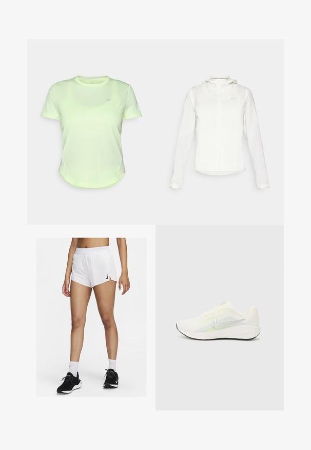 White Nike jacket with a hood, full zip, elastic cuffs, and a subtle logo on the chest. Smooth texture and lightweight design.; Short-sleeve Nike t-shirt, bright yellow-green color, made from lightweight fabric, featuring a small navy logo on the chest and rounded hem.; White athletic shorts with a ribbed waistband, side slits, and a black Nike logo. Worn with black sneakers and white crew socks.; Nike Performance DOWNSHIFTER 13 - Road running shoes - sail/silver-coloured photon dust/summit white/barely volt/black