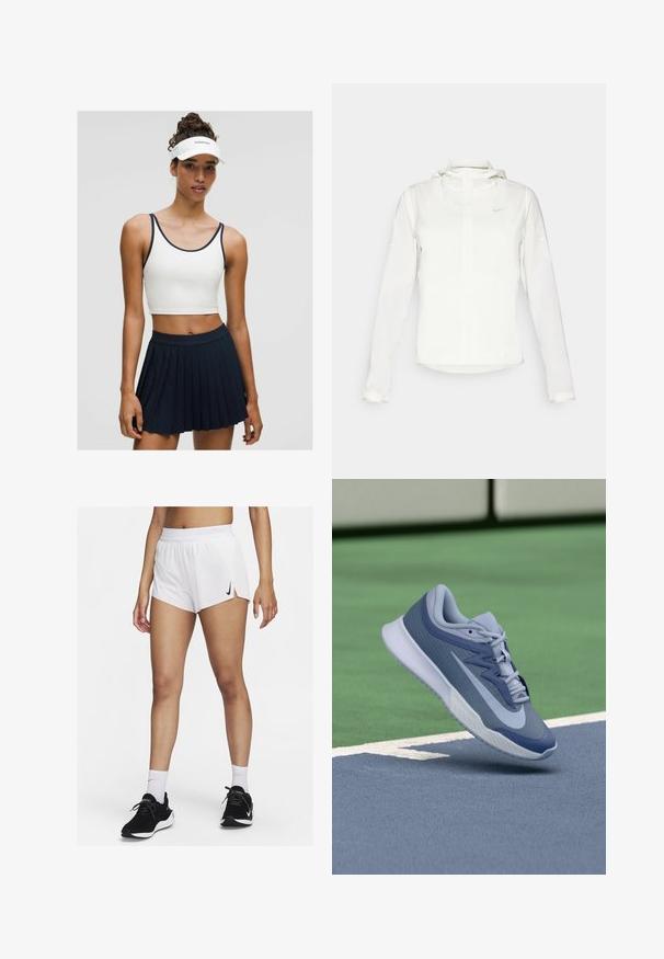 Balta Nike striukė su gobtuvu, pilnu užtrauktuku, elastingomis rankovėmis ir subtiliu logotipu ant krūtinės. Sklandi tekstūra ir lengvas dizainas.; Balta trumpa maikutė su tamsiai mėlynu apvadu, derinama su klostuota tamsiai mėlyna sijonu. Audinys atrodo lygus ir lengvas, sukurtas aktyviam dėvėjimui.; Balti sportiniai šortai su iškiliais juosmens dirželiais, šoninėmis skeltukėmis ir juodu Nike logotipu. Dėvimi su juodais sportbačiais ir baltais aukštais kojinėmis.; Sportiniai batai šviesiai mėlynos ir tamsiai mėlynos spalvos, su tekstūruota viršutine dalimi, plokščiomis raišteliais ir lengva balta padu. Pakelti virš aikštelės paviršiaus.