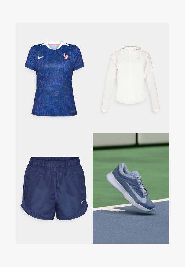 Biała kurtka Nike z kapturem, na zamek błyskawiczny, elastyczne mankiety i subtelne logo na piersi. Gładka tekstura i lekka konstrukcja.; Kobiece koszulka piłkarska Nike, niebieska z pikselowym wzorem w kolorze czerwonym i fioletowym, krótki rękaw, dekolt w serek, biały kołnierzyk, z herbem i logo z przodu.; Navy szorty sportowe z elastycznym pasem i bocznymi panelami z siateczki. Posiadają małe białe logo Nike na dolnej lewej stronie.; Sportowe sneakersy w jasnoniebieskim i granatowym kolorze, z teksturowaną cholewką, płaskimi sznurowadłami i lekką białą podeszwą. Uniesione nad nawierzchnią boiska.