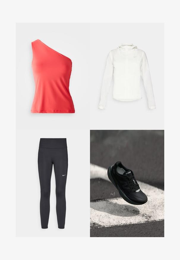 Chaqueta blanca de Nike con capucha, cremallera completa, puños elásticos y un logo sutil en el pecho. Textura suave y diseño ligero.; Top de coral asimétrico hecho de una tela suave y elástica, con una sola tirante en el hombro y una silueta ajustada.; Leggings negras de tela elástica, con una cintura alta y un logo blanco de Nike en el muslo izquierdo. Textura suave, diseño ajustado.; Zapatilla de correr negra con un upper texturizado, diseño elegante y acentos reflectantes. Presenta una suela suave y acolchada para mayor comodidad.