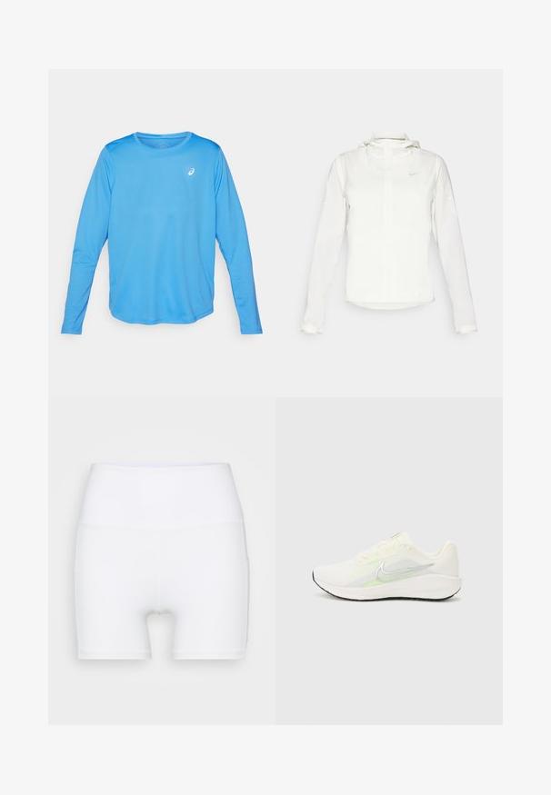 Witte Nike-jack met een capuchon, volledige rits, elastische manchetten en een subtiele logo op de borst. Gladde textuur en lichtgewicht ontwerp.; Langärmig sportshirt in heldere blauwe kleur. Gemaakt van een gladde, lichtgewicht stof met een ronde halslijn en een klein wit logo.; Witte hoge taille shorts van rekbare stof. Kenmerken een gladde textuur en een aansluitend ontwerp, zonder extra patronen of hardware.; Nike Performance DOWNSHIFTER 13 - Hardloopschoenen voor op de weg - sail/silver-coloured photon dust/summit white/barely volt/black