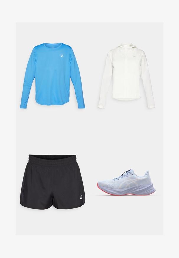 Bela Nike jakna s kapuco, polno zadrgo, elastičnimi manšetami in diskretnim logotipom na prsih. Gladka tekstura in lahko oblikovanje.; Dolga majica za šport v svetlo modri barvi. Narejena iz gladkega, lahkega materiala z okroglim izrezom in majhnim belim logotipom.; Črne atletske kratke hlače z elastičnim pasom, gladko teksturo, ukrivljenim robom in stranskimi mrežastimi detajli. Na sprednji strani vsebujejo majhen logo.; Svetlo modra športna čevlja z teksturiranim mrežastim zgornjim delom, belimi logotipnimi poudarki, oblazinjenim podplatom in rožnato podplato. Ima elegantno, ergonomsko zasnovo.