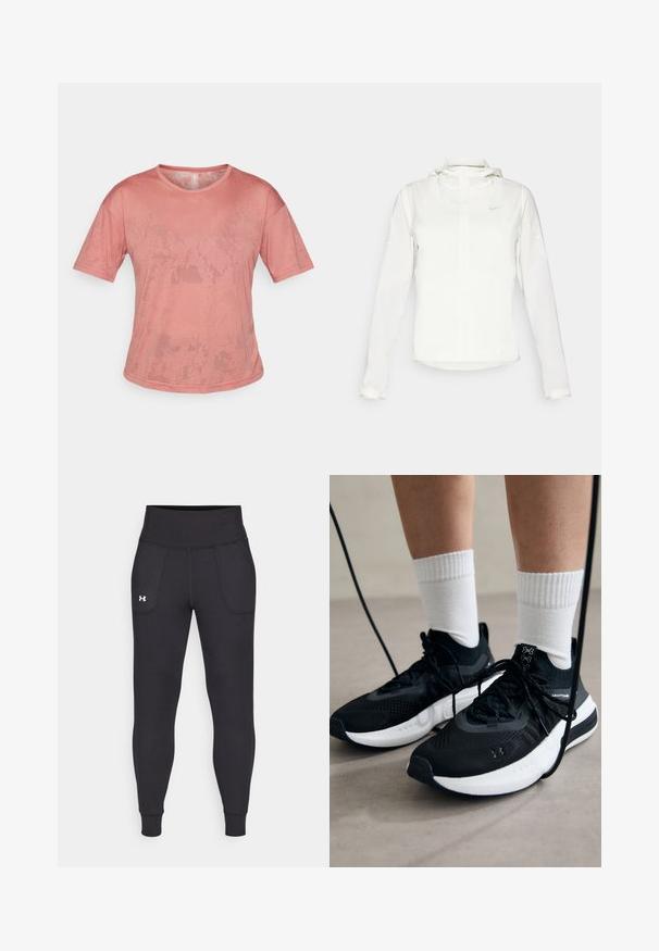 Hvid Nike-jakke med hætte, fuld lynlås, elastiske manchetter og et diskret logo på brystet. Glat tekstur og let design.; Lyserød kortærmet t-shirt lavet af blødt stof. Har en rund halsudskæring og en afslappet pasform, med fine tekstur mønstre på overfladen.; Sorte atletiske leggings lavet af strækbart materiale, med høj talje, sidelommer og tætsiddende manchetter ved anklerne.; Sorte sportssko med tekstureret stof, hvid sål og sorte snørebånd. Båret med hvide ribbede sokker, stående på en lys overflade.