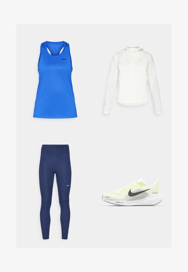 Weiße Nike-Jacke mit Kapuze, durchgehendem Reißverschluss, elastischen Bündchen und einem dezenten Logo auf der Brust. Glatte Textur und leichtes Design.; Blaues Sporttanktop aus glattem, feuchtigkeitsableitendem Material. Verfügt über einen runden Ausschnitt, ein Racerback-Design und ein kleines schwarzes Logo auf der Vorderseite.; Navy Leggings mit hohem Taillenbund, aus dehnbarem Stoff gefertigt. Sie verfügen über dezente Nähte und ein kleines weißes Nike-Logo am linken Oberschenkel.; Nike Laufschuhe mit einem hellgelben und weißen Mesh-Obermaterial, grauen Akzenten und einer flexiblen Gummisohle. Verfügt über einen Schnürverschluss.