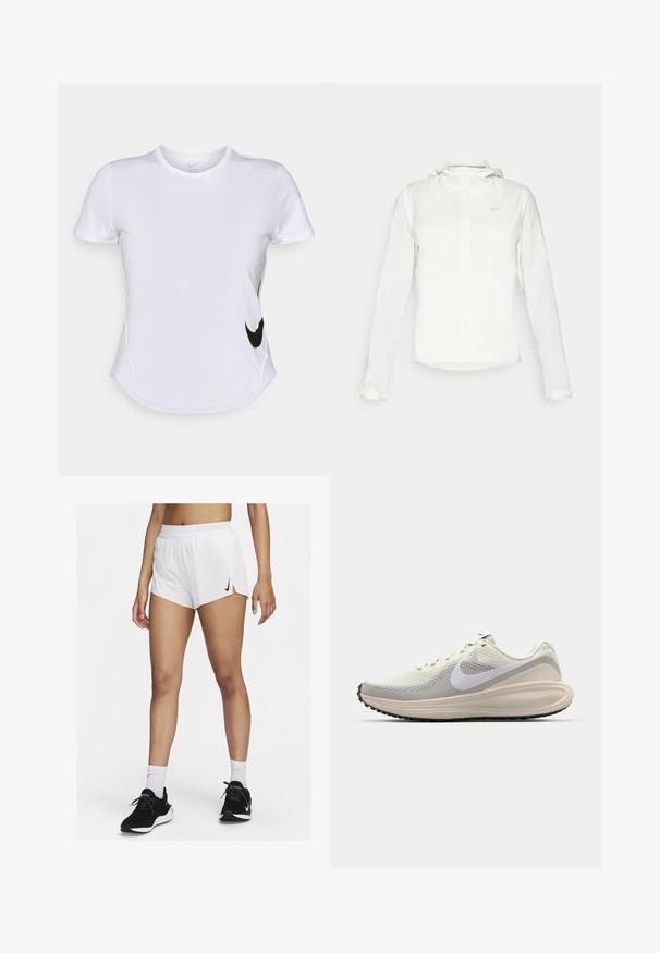 Casaco branco da Nike com capuz, fecho completo, punhos elásticos e um logótipo subtil no peito. Textura suave e design leve.; Camisola atlética de manga curta branca, feita de tecido liso, com o logótipo preto da Nike no lado esquerdo e uma bainha curva na parte inferior.; Calções atléticos brancos com cós canelado, fendas laterais e um logótipo preto da Nike. Usados com ténis pretos e meias brancas até ao meio da canela.; Sapatilhas com um upper de rede cinza claro, swoosh branco da Nike, palmilha acolchoada, forma elegante e sola em borracha preta com padrão de ranhura.