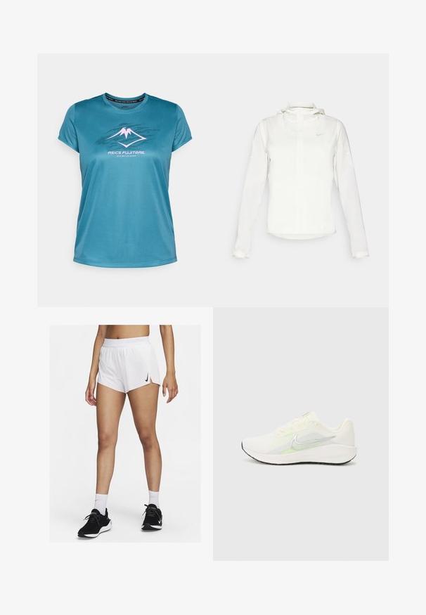 Casaco branco da Nike com capuz, fecho completo, punhos elásticos e um logótipo subtil no peito. Textura suave e design leve.; T-shirt atlético de manga curta em azul-água, feito de tecido suave, com uma gráfica de montanha em rosa e o texto "ASICS FUJITRAIL" abaixo.; Calções atléticos brancos com cós canelado, fendas laterais e um logótipo preto da Nike. Usados com ténis pretos e meias brancas até ao meio da canela.; Nike Performance DOWNSHIFTER 13 - Sapatos para corrida em estrada - sail/silver-coloured photon dust/summit white/barely volt/black