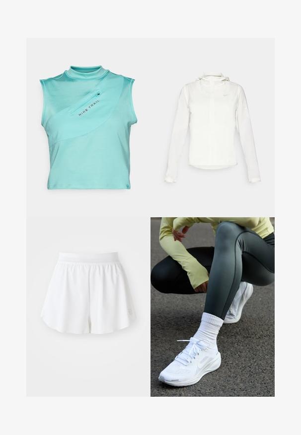 Hvit Nike-jakke med hette, hel glidelås, elastiske mansjetter og en diskret logo på brystet. Glatt tekstur og lett design.; Lys tealfarget Nike Trail ermeløs topp med høy hals, med en diagonal glidelåslomme og sporty ribbestruktur over stoffet.; Hvite atletiske shorts med en glatt tekstur, elastisk midjebånd og flagrende design. Har en liten logo på nedre høyre side.; Hvite sportsko med mesh-overdel, flate snørebånd og dempet såle, parret med mørkegrønne leggings og en lys gul langermet topp.