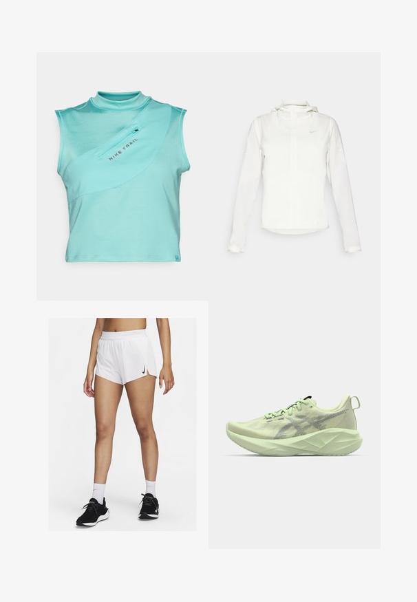 Casaco branco da Nike com capuz, fecho completo, punhos elásticos e um logótipo subtil no peito. Textura suave e design leve.; Top sem mangas da Nike Trail em azul-turquesa claro com gola alta, apresentando um bolso diagonal com fecho e uma textura rebitada desportiva ao longo do tecido.; Calções atléticos brancos com cós canelado, fendas laterais e um logótipo preto da Nike. Usados com ténis pretos e meias brancas até ao meio da canela.; Sapato atlético verde claro com parte superior em malha, detalhes texturizados e uma sola espessa e angular para maior amortecimento e suporte.