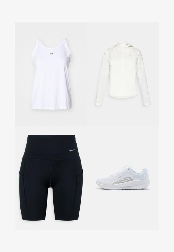 Fehér Nike dzseki kapucnival, teljes cipzárral, rugalmas mandzsettákkal és egy diszkrét logóval a mellkason. Sima textúrájú és könnyű kialakítású.; Fehér, ujjatlan sportpóló, könnyű anyagból készült. Lekerekített nyakkivágással rendelkezik, és az elején egy kis fekete Nike logó található.; Fekete, magas derekú sportnadrág, rugalmas anyagból készült; oldalán zsebekkel és egy kis Nike logóval a derékrészen.; Fehér sportcipő hálós felsőrésze, kerek orra és textúrált talpa van. Ezüst Nike logóval és minimalista dizájnnal rendelkezik.