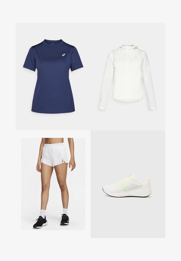 Casaco branco da Nike com capuz, fecho completo, punhos elásticos e um logótipo subtil no peito. Textura suave e design leve.; ASICS COURT TOP - T-shirt desportiva - midnight; Calções atléticos brancos com cós canelado, fendas laterais e um logótipo preto da Nike. Usados com ténis pretos e meias brancas até ao meio da canela.; Nike Performance DOWNSHIFTER 13 - Sapatos para corrida em estrada - sail/silver-coloured photon dust/summit white/barely volt/black