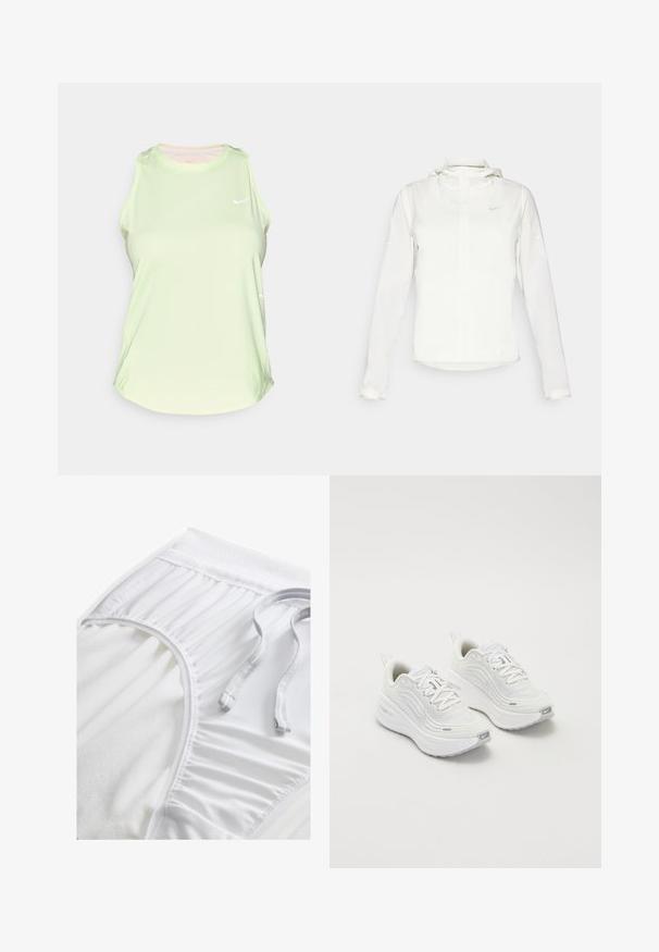 Weiße Nike-Jacke mit Kapuze, durchgehendem Reißverschluss, elastischen Bündchen und einem dezenten Logo auf der Brust. Glatte Textur und leichtes Design.; Helles grünes ärmelloses Sportoberteil aus glattem Material, mit rundem Ausschnitt und einem kleinen weißen Logo auf der Brust.; Weiße Sportshorts mit einem strukturierten Taillenbund, gerafften Seitendetails und einem flachen Kordelzug. Weicher Stoff mit glatter Oberfläche.; Weiße Sportschuhe mit einem strukturierten Mesh-Obermaterial, gepolsterter Sohle und dezenten grauen Akzenten. Enthält Branding und eine Schlaufe an der Ferse für einfaches Anziehen.