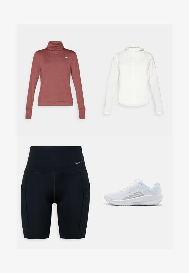 Veste blanche Nike avec capuche, fermeture éclair intégrale, poignets élastiques et un logo discret sur la poitrine. Texture lisse et design léger.; Nike Performance THERMA-FIT SWIFT - T-shirt à manches longues - red sepia/reflective silver; Shorts de sport noirs taille haute en matériau extensible ; dotés de poches latérales et d'un petit logo Nike sur la ceinture.; Baskets blanches avec une tige en mesh, bout rond et semelle texturée. Présentent un swoosh Nike argenté et un design minimaliste.