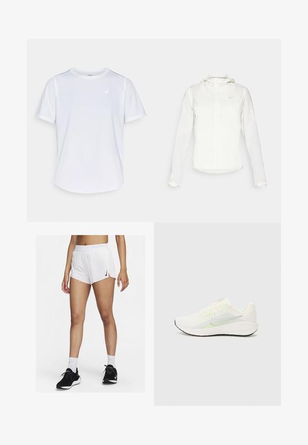 Hvid Nike-jakke med hætte, fuld lynlås, elastiske manchetter og et diskret logo på brystet. Glat tekstur og let design.; Hvid atletisk t-shirt, korte ærmer, rund hals, lavet af fugttransporterende stof, med et lille logo på brystet, let tekstur.; Hvide atletikshorts med ribbet taljebånd, sideslids og sort Nike-logo. Båret med sorte sneakers og hvide crew-sokker.; Nike Performance DOWNSHIFTER 13 - Løbesko til landevejen - sail/silver-coloured photon dust/summit white/barely volt/black