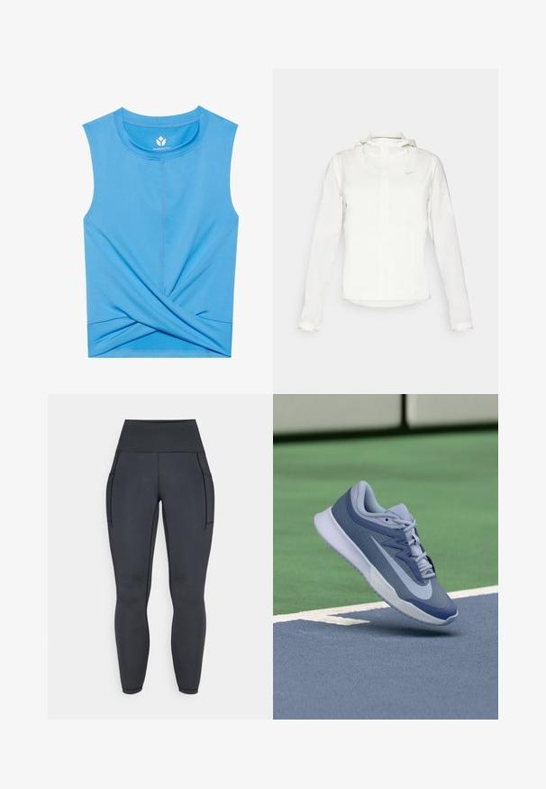Bílá bunda Nike s kapucí, plným zipem, elastickými manžetami a decentním logem na hrudi. Hladká textura a lehký design.; Modrý bezrukávový top vyrobený z měkkého materiálu má na spodní části zavinutý design, kulatý výstřih a ploché švy pro pohodlí.; Černé legíny s vysokým pasem vyrobené z pružné, hladké látky. Mají dvě boční kapsy a kontrastní švy podél švů.; Sportovní tenisky v světle modré a námořnické barvě, s texturovaným svrškem, plochými tkaničkami a lehkou bílou podrážkou. Zvýšené nad povrchem kurtu.