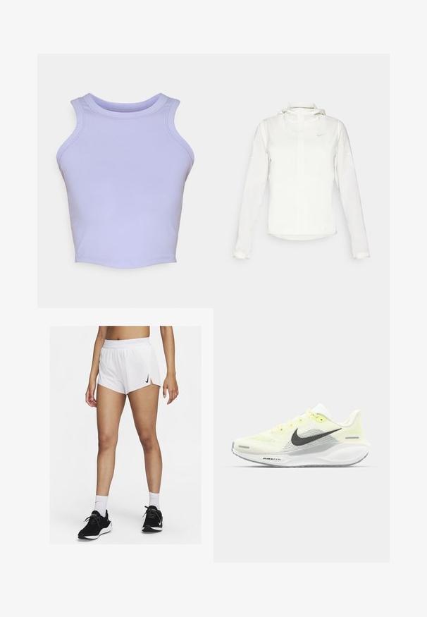 Weiße Nike-Jacke mit Kapuze, durchgehendem Reißverschluss, elastischen Bündchen und einem dezenten Logo auf der Brust. Glatte Textur und leichtes Design.; Hellblau-lila ärmelloses Crop-Top aus dehnbarem Material. Verfügt über einen runden Ausschnitt und glatte, nahtlose Kanten.; Weiße sportliche Shorts mit einem gerippten Bündchen, seitlichen Schlitzen und einem schwarzen Nike-Logo. Kombiniert mit schwarzen Turnschuhen und weißen Sportsocken.; Nike Laufschuhe mit einem hellgelben und weißen Mesh-Obermaterial, grauen Akzenten und einer flexiblen Gummisohle. Verfügt über einen Schnürverschluss.